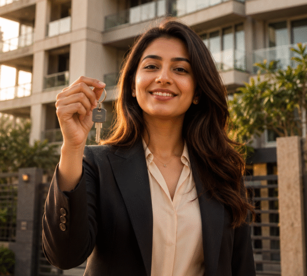 Home loan for women India — woman holding keys to her new home