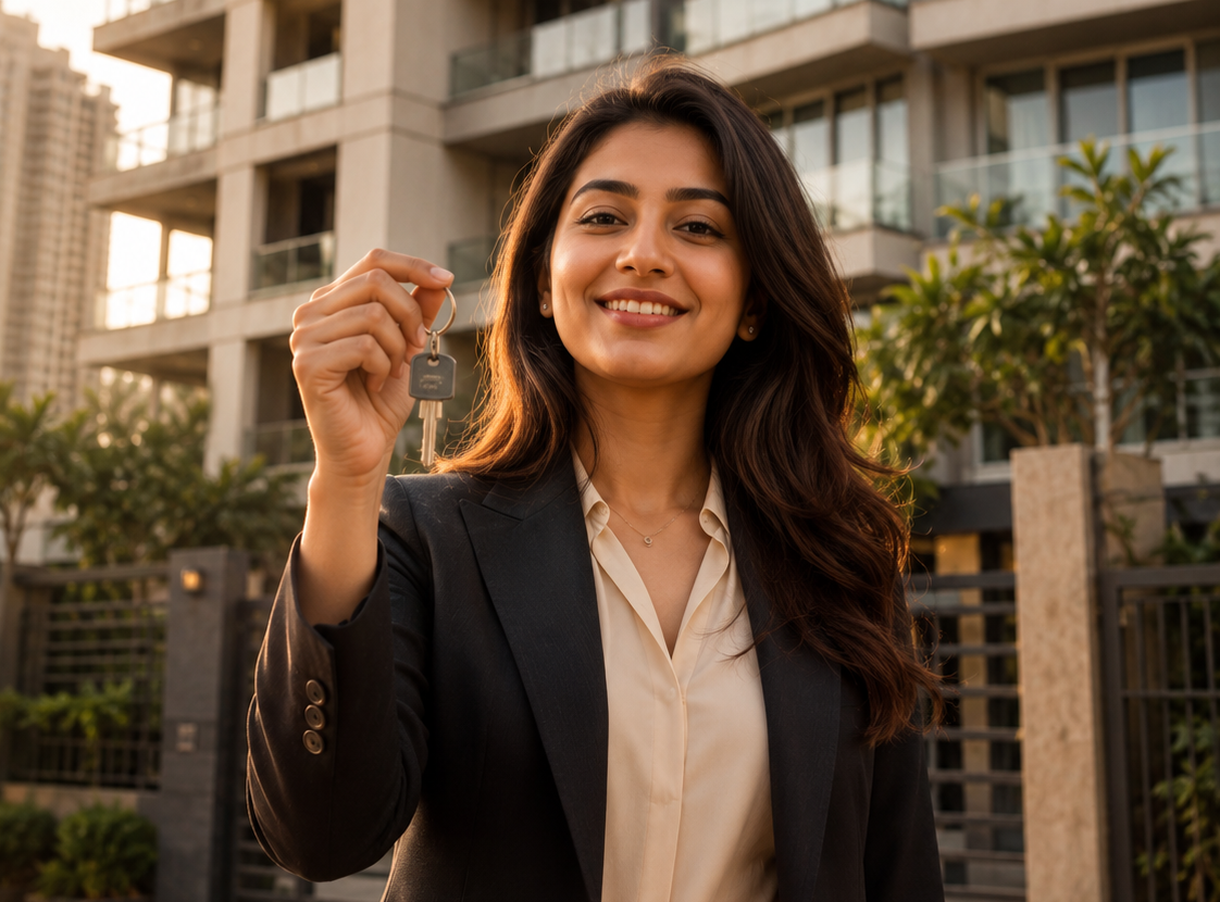 Home loan for women India — woman holding keys to her new home
